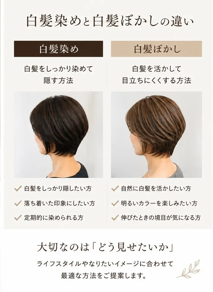 方南町で白髪染め・白髪ぼかしに迷っている方へ。それぞれの違いを美容師がわかりやすく解説します